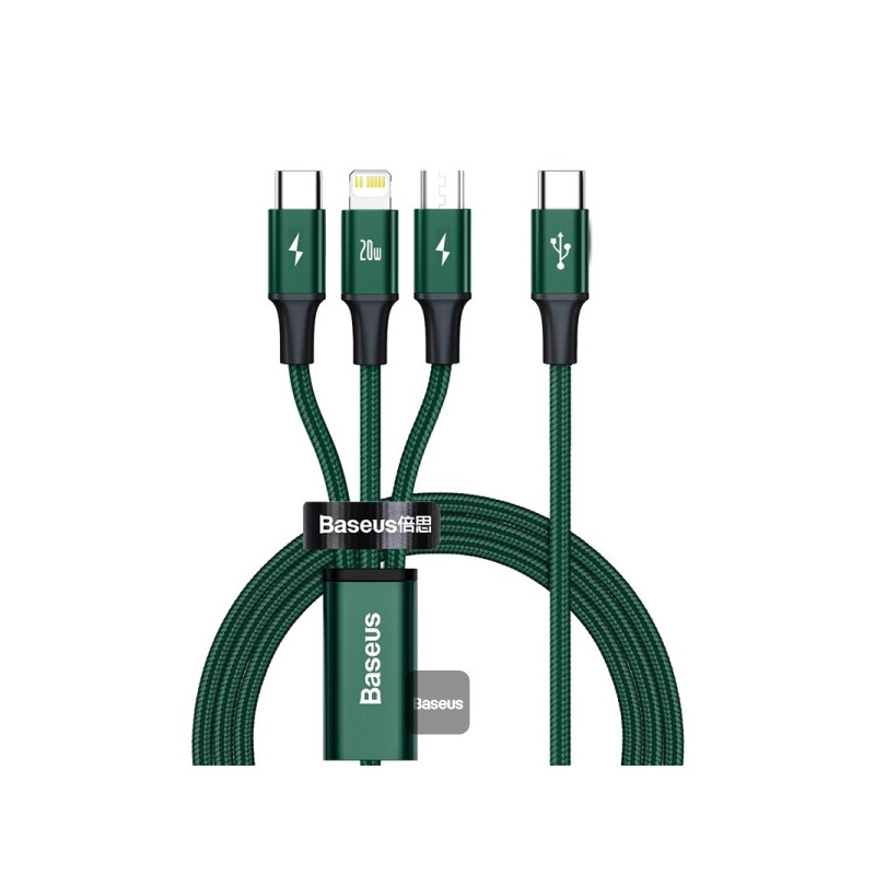 Baseus dátový kábel Rapid 3v1 USB-C/microUSB, Lightning, USB-C 1,5m PD 20W zelený