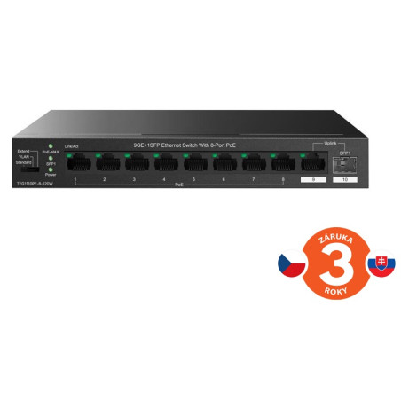 Tenda TEG1110PF-8-120W PoE AT switch 8xPoE 802.3af/at + Uplink RJ45 + SFP port, 110W, PoE+, fanless