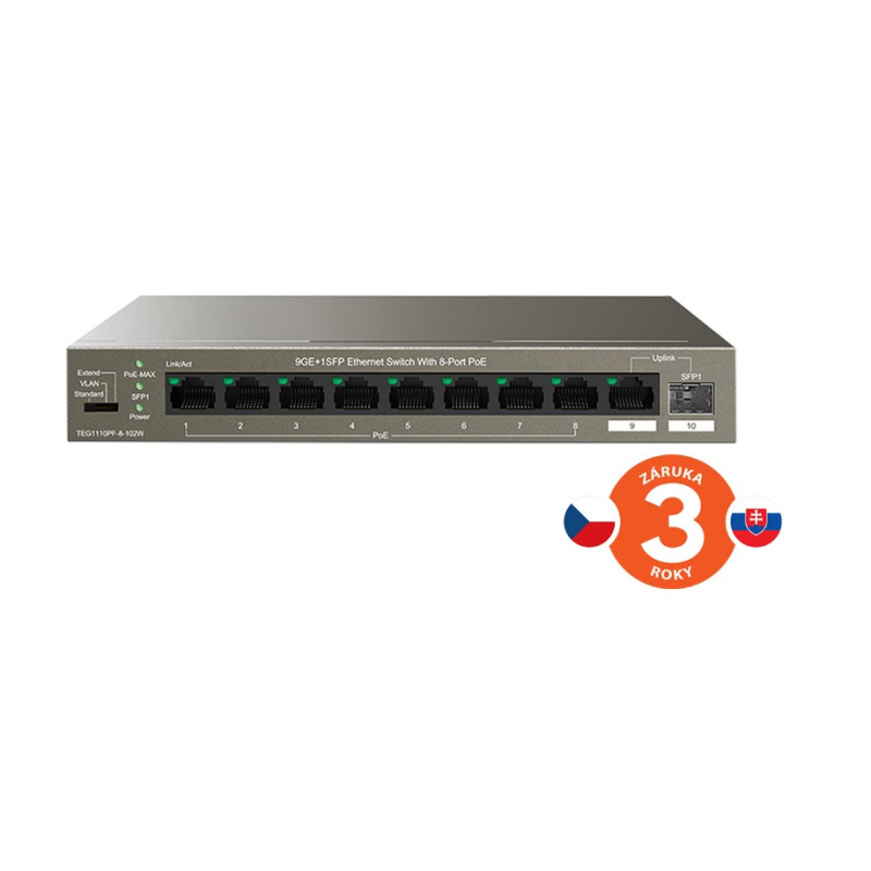 Tenda TEG1110PF-8-102W PoE+ AT switch 8xPoE 802.3af/at + Uplink RJ45 + SFP port, 92W, PoE+, fanless