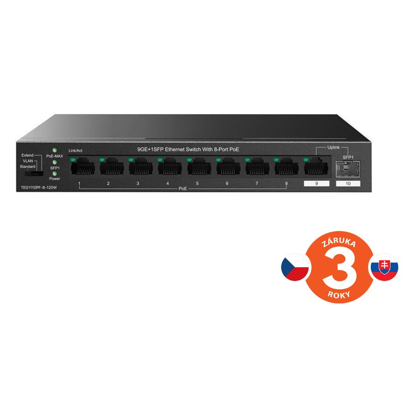 Tenda TEG1110PF-8-120W PoE+ AT switch 8xPoE 802.3af/at + Uplink RJ45 + SFP port, 110W, PoE+, fanless