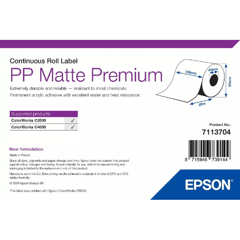PP Matte Label Premium, Cont Roll, 105mm x 29m