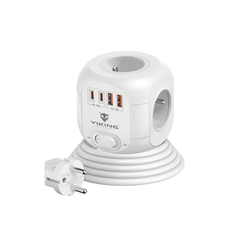 Sieťový adaptér Viking AC CUBE PD30/Output: 4xAC, 2xUSB-A, 2xUSB-C/výkon až 3500W/ ON/OFF tlačidlo