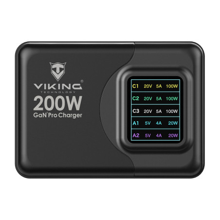 Viking USB GaN charger 200W PD PRO/sieťový adaptér/Output:3xUSB-C,2xUSB-A/Rýchlo nabíjania/