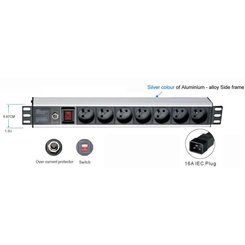 19'' rozvodný panel 1,5 U, 7x220V, koncovka IEC C19,16A