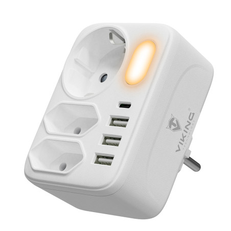 Sieťový adaptér Viking AC34/Output:3xAC,3xUSB-A,1xUSB-C/ LED svetlo/zásuvka typu F a C