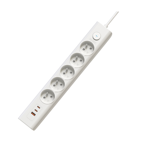 Predlžovacia zásuvka Viking YC53, biela/Output: 5xAC,1xUSB-A,2xUSB-C/Tlačidlo ON/OFF/1,5m kábel