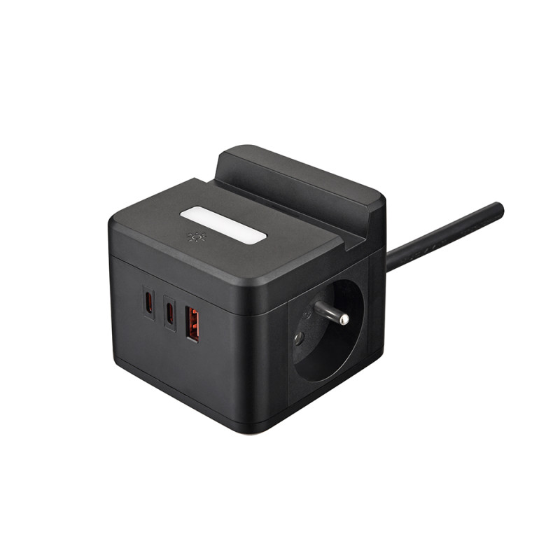 Sieťový adaptér VIKING YC23H, čierna/Output:2xAC,1xUSB-A,2xUSB-C/držiak na mobil/ LED svetlo/1,4m kábel
