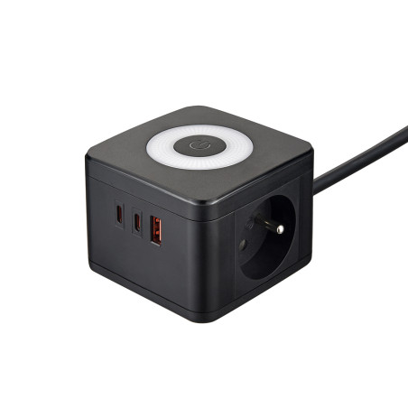 Sieťový adaptér VIKING YC23L, čierna/Output:2xAC,1xUSB-A,2xUSB-C/dotykové LED svetlo/1,4m kábel