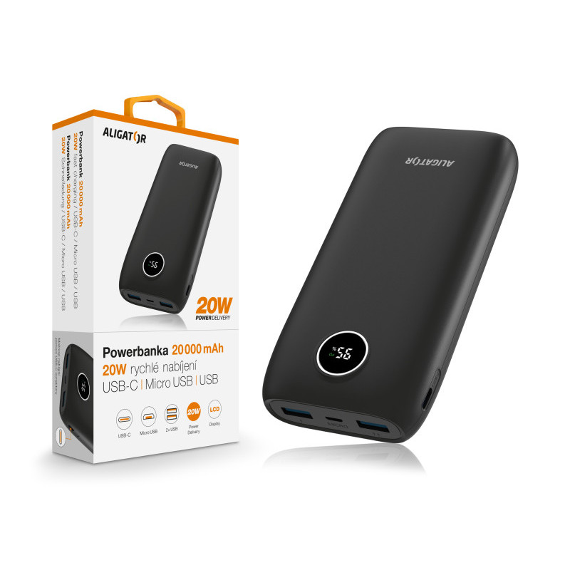 ALIGATOR Powerbanka Power Delivery 20W, rýchle nabíjanie, 20 000 mAh, čierna