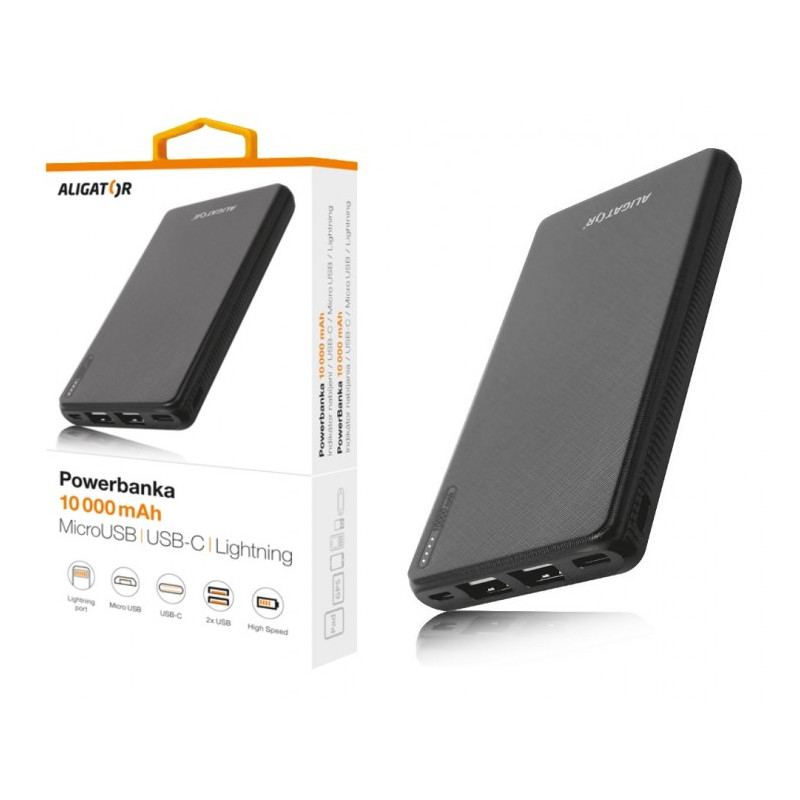 ALIGATOR PB1000, 10000mAh 3v1, micro/iPh/USB-C, čierna