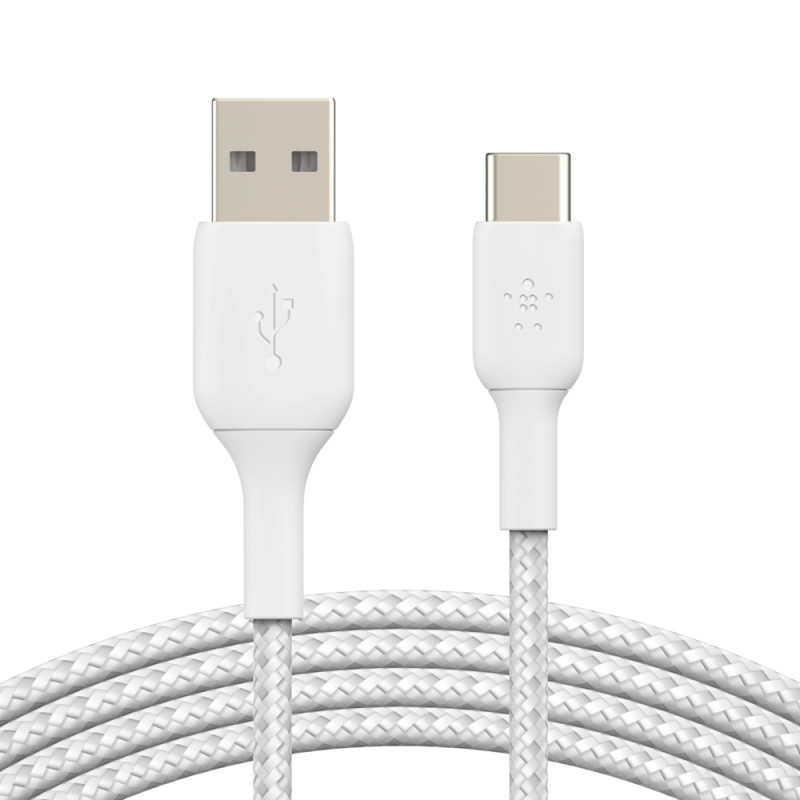 BELKIN kábel opletaný USB-C - USB-A, 3m, biely