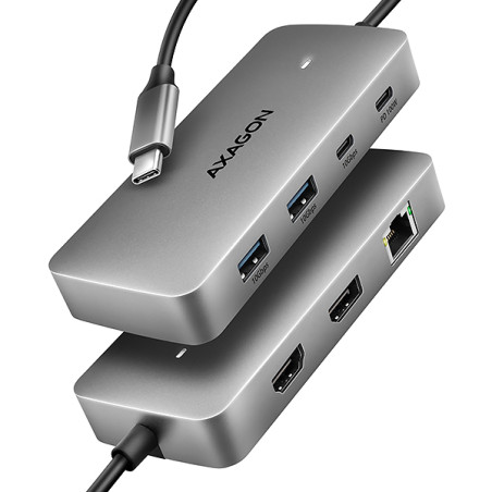 AXAGON HMC-CUB83X2, USB 10Gbps hub, 2x USB-A, USB-C, HDMI & DP 4k/144Hz, RJ-45, PD 100W, kábel 15cm