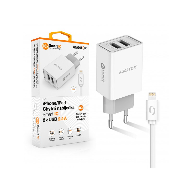 ALIGATOR Chytrá sieťová nabíjačka 2,4A, 2xUSB, smart IC, biela, USB kábel pre iPhone / iPad