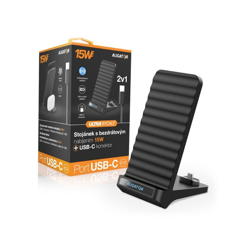 Aligator Stojanček s bezdrôtovým nabíjaním 15W a USB-C konektorom, 2v1, čierny