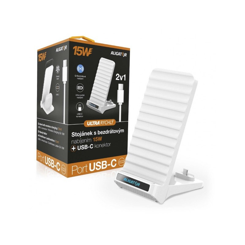 ALIGATOR Stojanček s bezdrôtovým nabíjaním 15W a USB-C konektorom, 2v1, biely