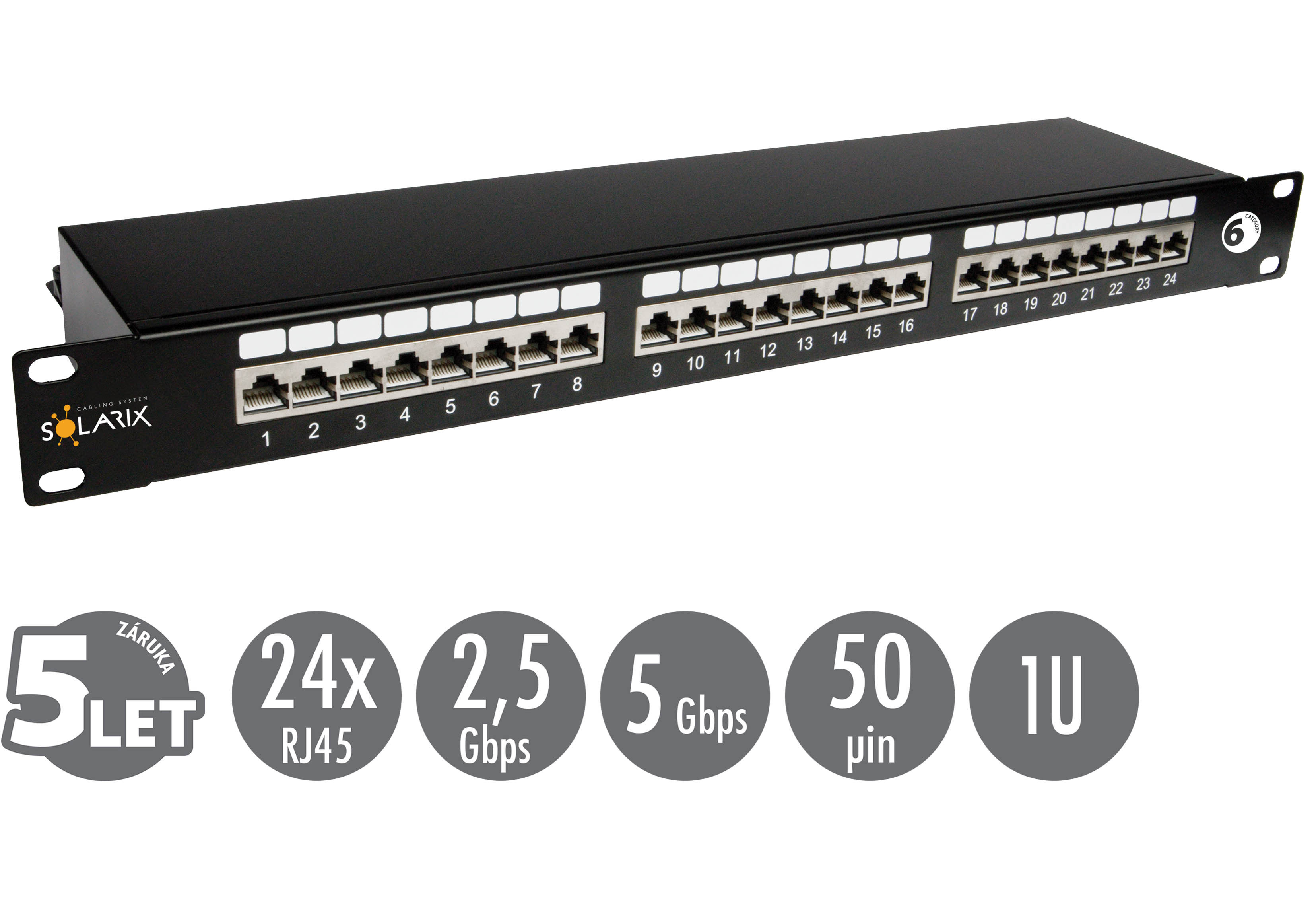 19'' patch panel Solarix 24 x RJ45 CAT6 STP černý 1U SX24-6-STP-BK