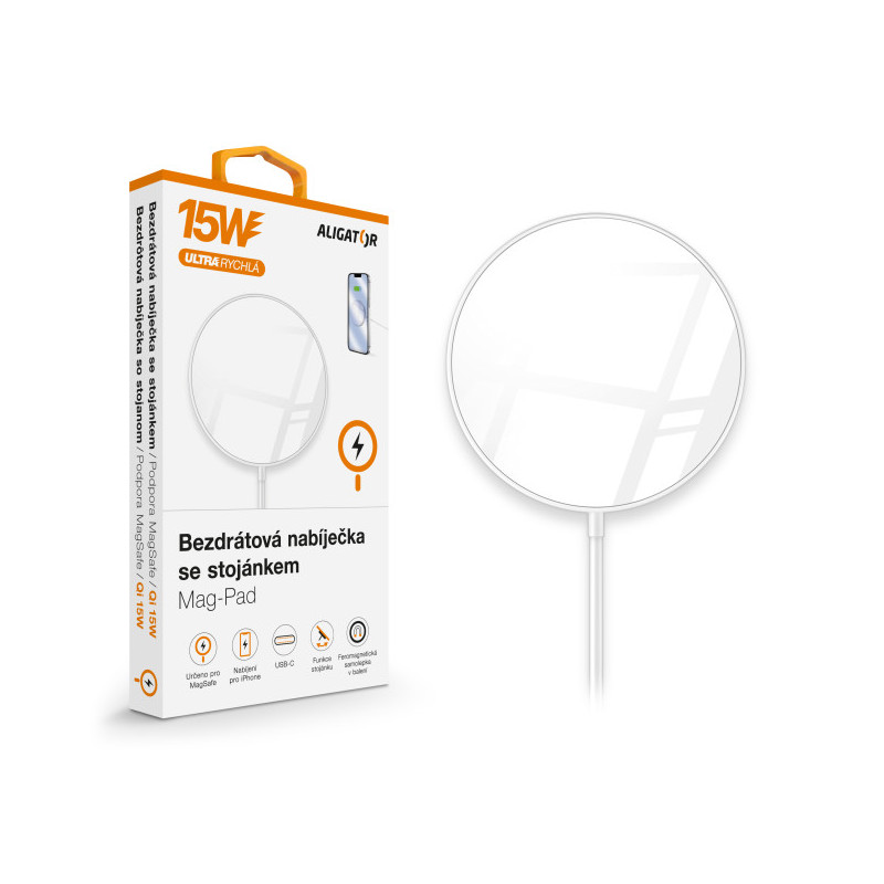ALIGATOR bezdrôtová nabíjačka ALIGATOR Mag-Pad, určené pre MagSafe, 15W, biela