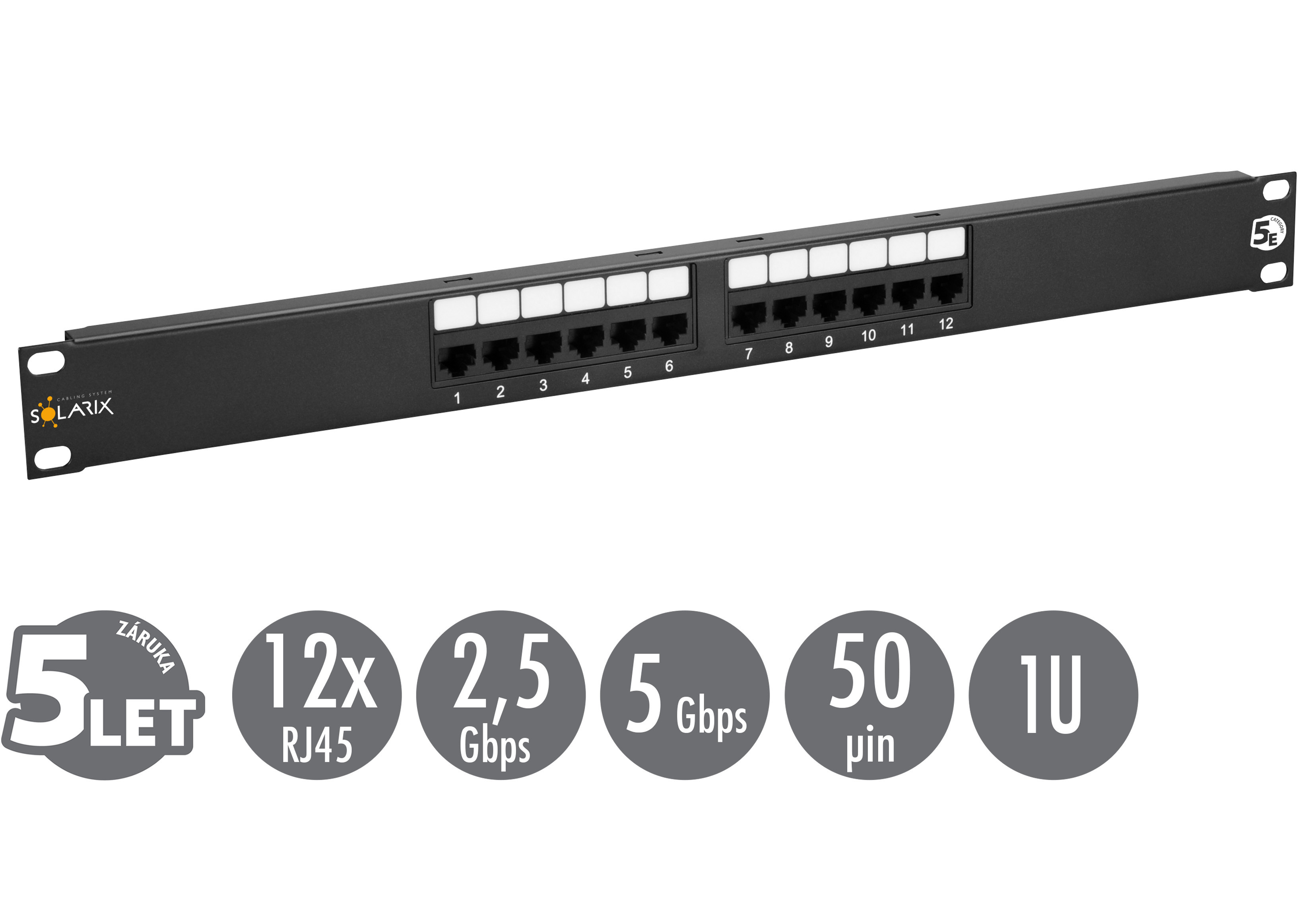 19'' patch panel Solarix 12 x RJ45 CAT5E UTP 150 MHz čierny 1U SX12-5E-UTP-BK