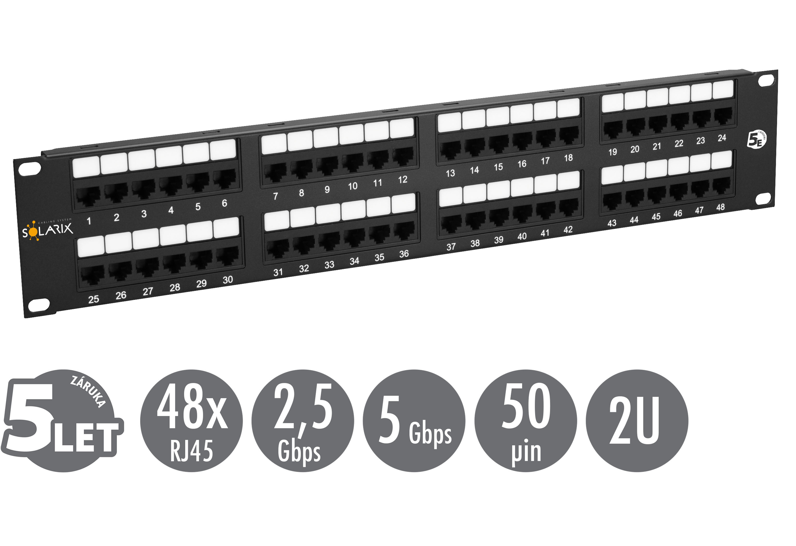 19'' patch panel Solarix 48 x RJ45 CAT5E UTP 150 MHz čierny 2U SX48-5E-UTP-BK