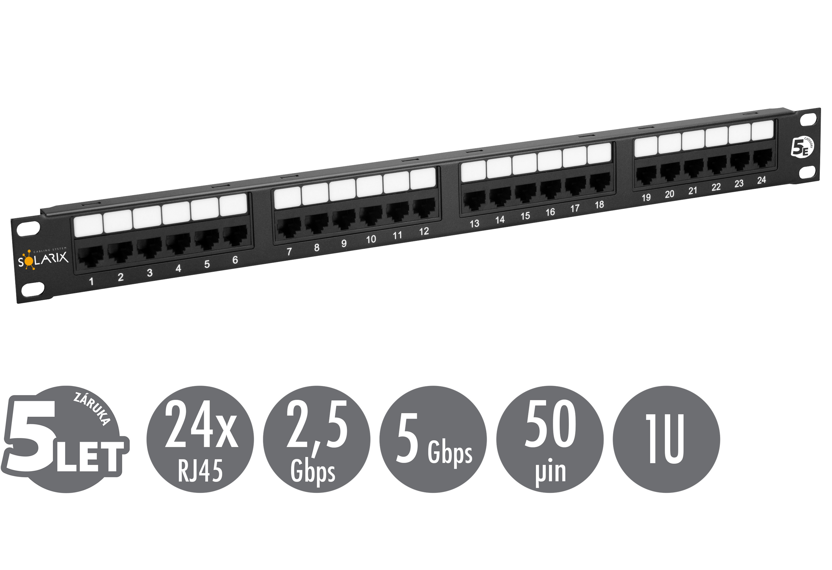 19'' patch panel Solarix 24 x RJ45 CAT5E UTP 150 MHz čierny 1U SX24-5E-UTP-BK