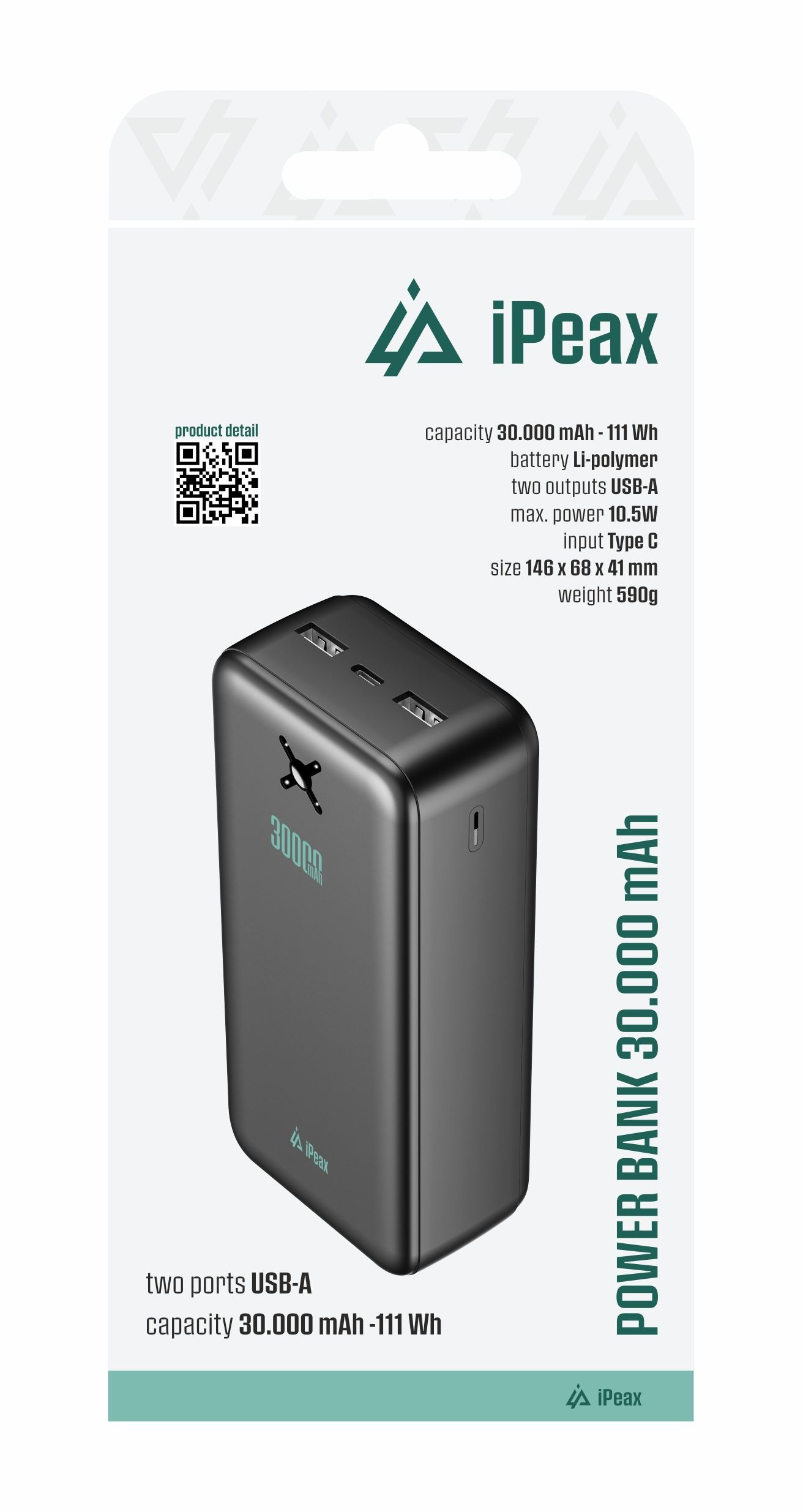POWER BANKA 30000 mAh, 10,5 W, 2x USB-A ČIERNA